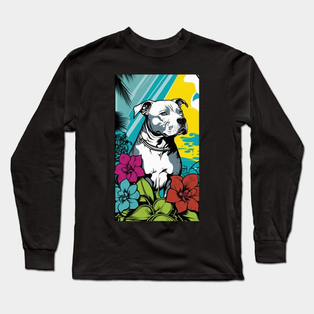 American Staffordshire Terrier PitBull Dog Vibrant Tropical Flower Tall Retro Vintage Digital Pop Art Portrait 7 Long Sleeve T-Shirt by ArtHouseFlunky